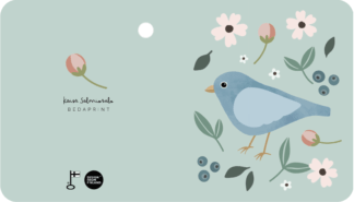 Suloinen 2-osainen pakettikortti missä linnun kuva ja kukkia. Tekstitön