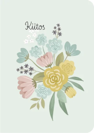 2 osainen kiitoskortti jossa piirrettyjä hempeän värikkäitä kukkia ja teksti kiitos.