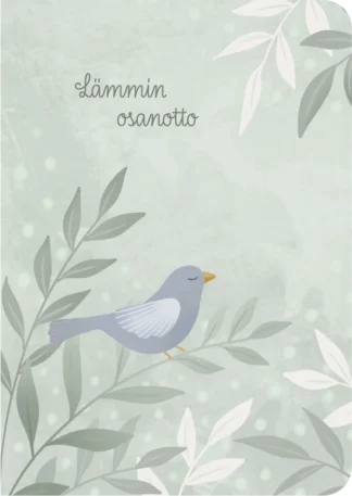 Vihreäsävyinen kaunis osanottokortti jossa lintu istuu oksalla. Teksti Lämmin osanotto.