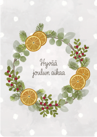 Kaunis joulukortti jossa appelsiinikranssin sisällä teksti Hyvää joulun aikaa.