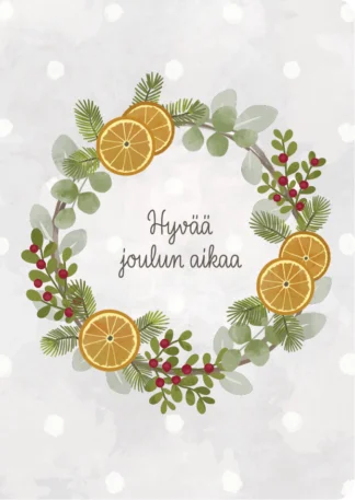 Mitä kaunein 2-osainen joulukortti jossa kuva kranssista missä on appelsiinin siivuja.