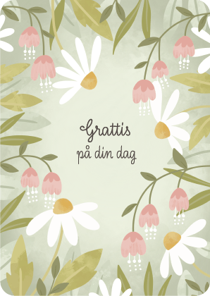 Ruotsinkielinen onnittelukortti jossa päivänkakkaroita ja vaaleanpunaisia kukkia. Teksti Grattis på din dag.
