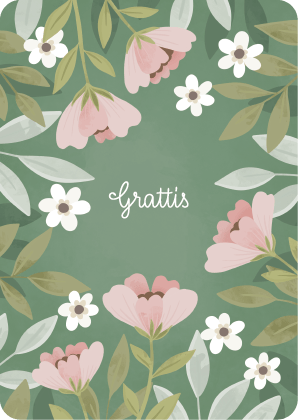 Ruotsinkielinen onnittelukortti jossa kukkien keskellä teksti Grattis.
