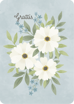 Onnittelukortti ruotsinkielinen. Teksti Grattis. Kortissa sinisellä taustalla valkoisia kukkia.